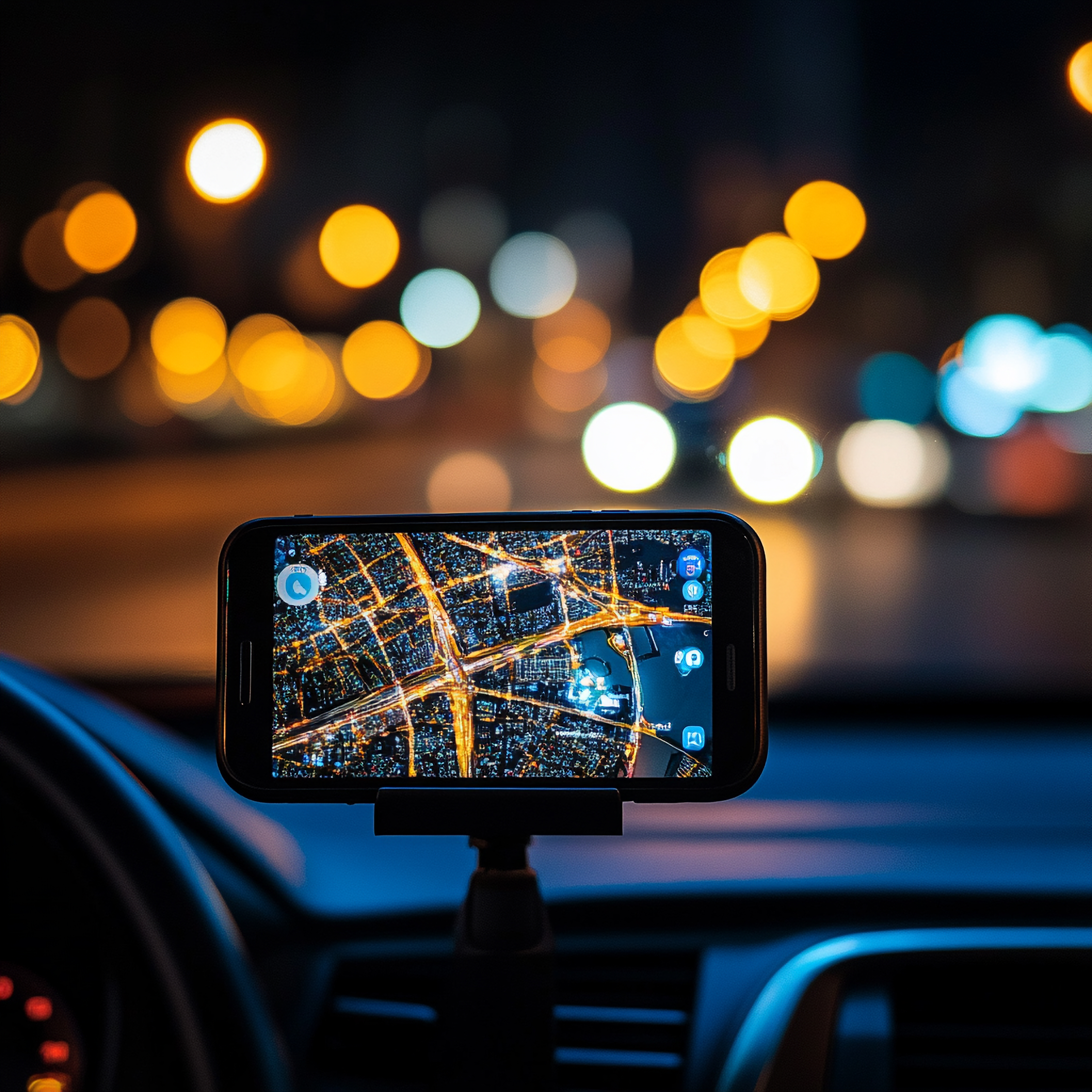 City navigation GPS smartphone on car dashboard with night city lights --v 6.1 Job ID: 8eb3e28d-1131-479e-b7e9-a94ac2ba8ed1